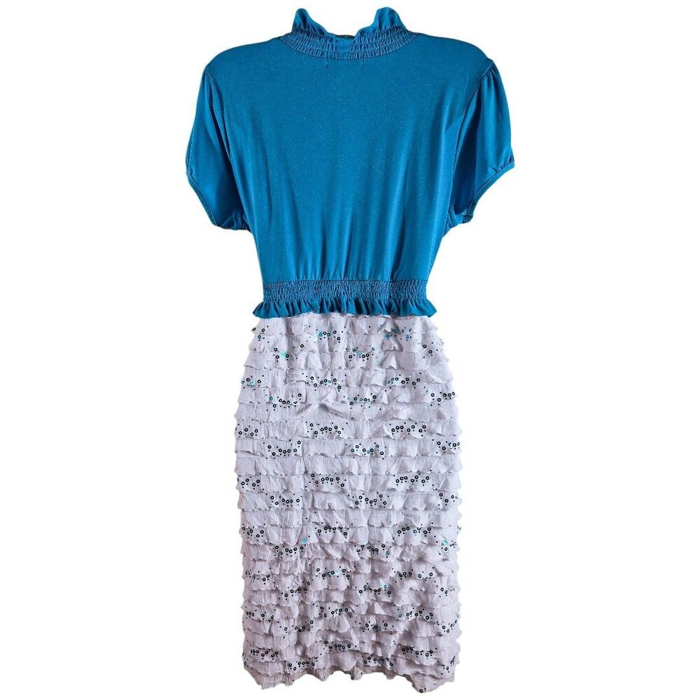 Y2K Speechless L Coastal Blue White Sequin Ruffle Dress Shrug Midi Party Dress - Picture 5 of 9